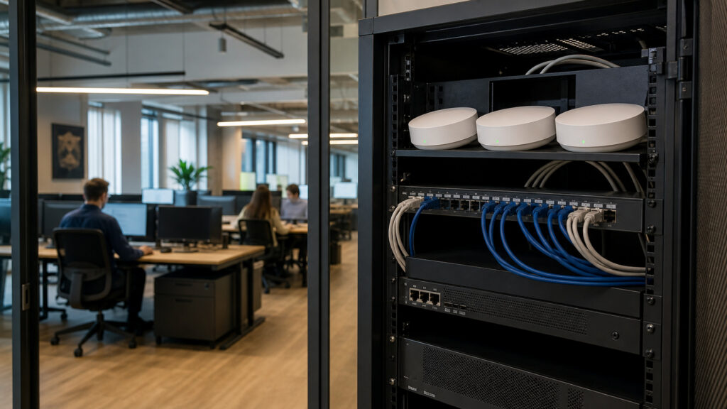 Editorial business scene illustrating business mesh wifi systems and cloud accounting software