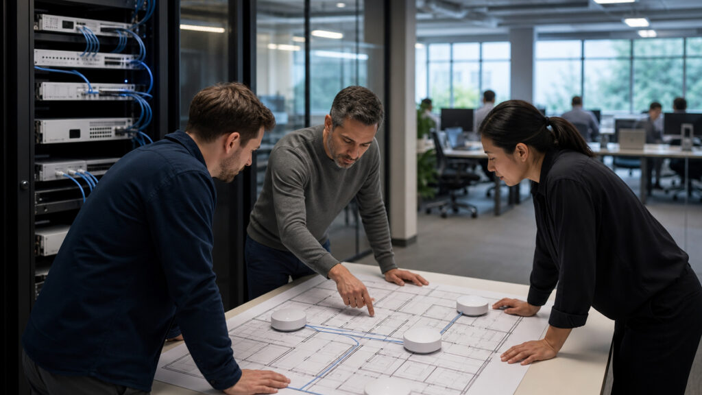 Editorial business scene illustrating business mesh wifi systems and enterprise accounting software
