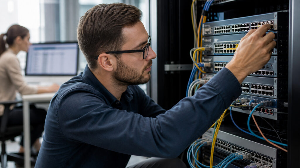 Editorial business scene illustrating business network switches and enterprise accounting software