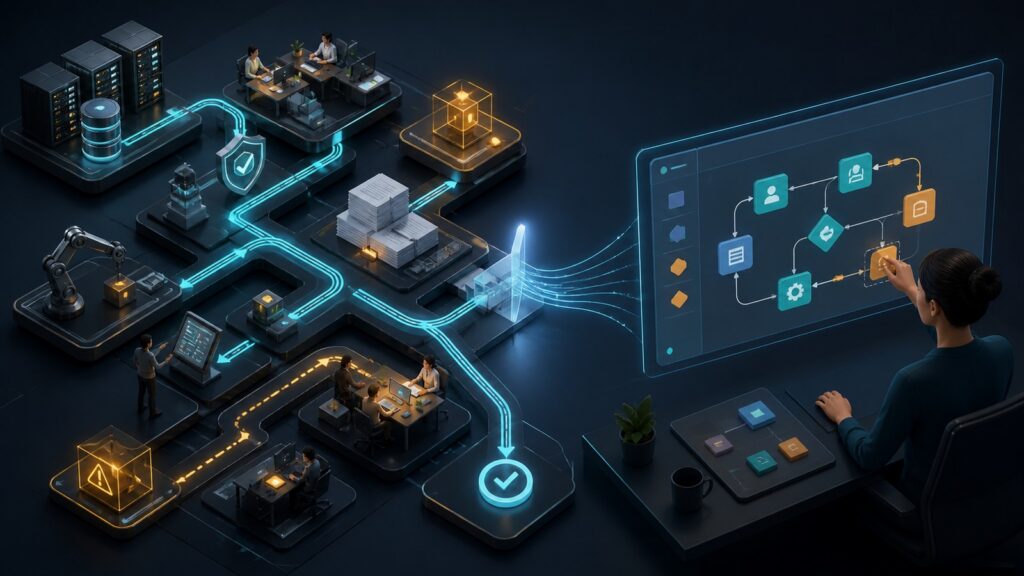 Editorial business scene illustrating business process automation software and no-code automation platforms