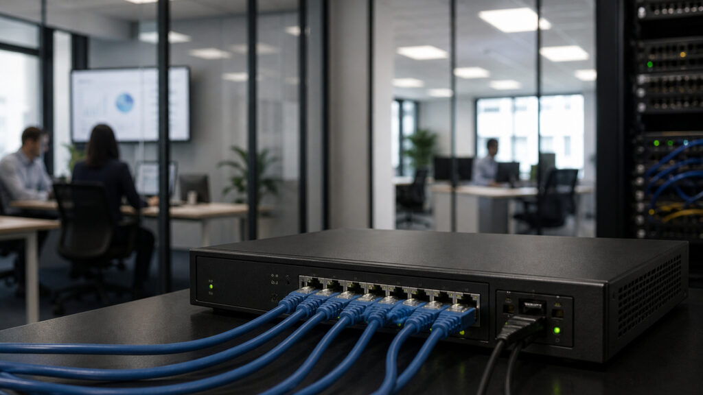 Editorial business scene illustrating business routers and cloud accounting software