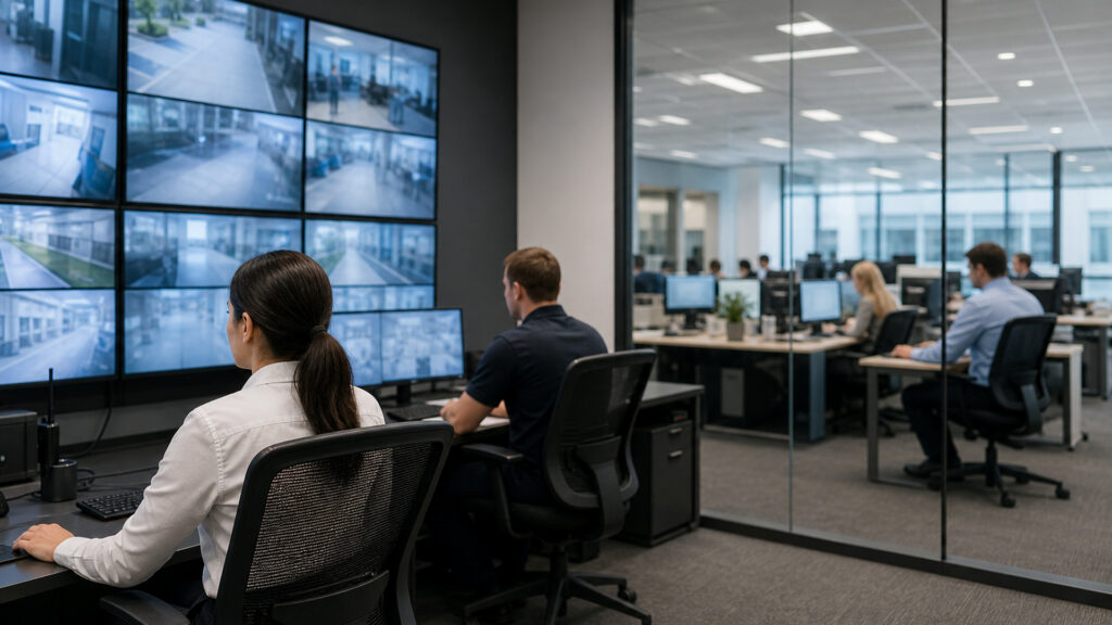 Editorial business scene illustrating business security camera systems and enterprise accounting software