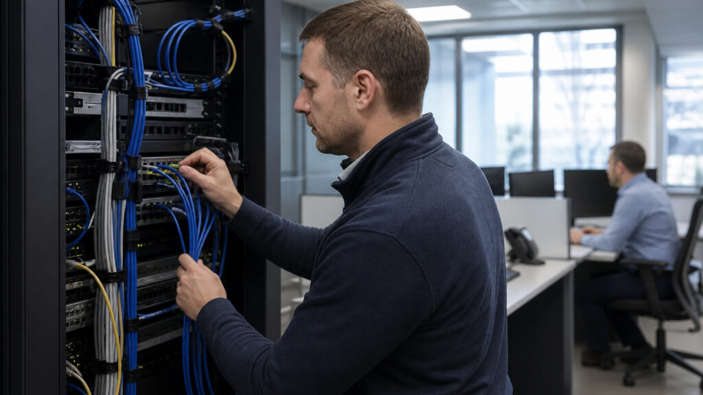 Editorial business scene illustrating cable business internet and cloud accounting software