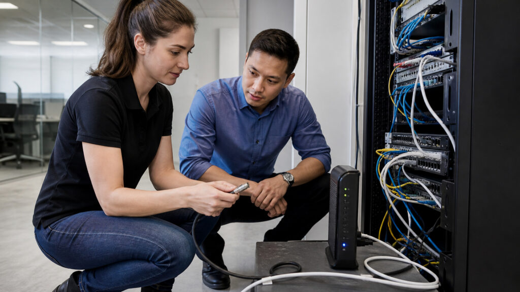Editorial business scene illustrating cable business internet and enterprise accounting software