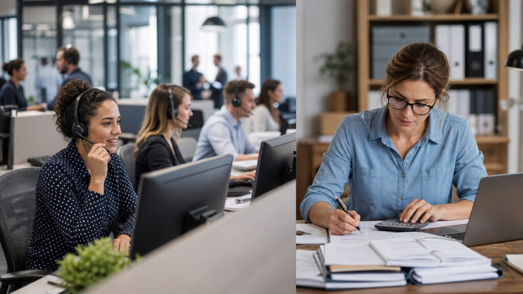 Editorial business scene illustrating call center systems and bookkeeping software