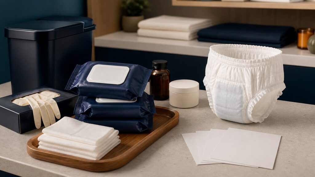 People-free editorial still life illustrating single-use skin cleansing contrasted with wearable absorbent containment