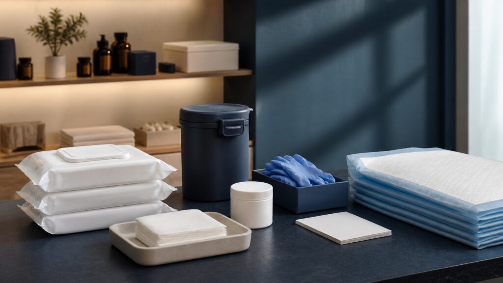 People-free editorial still life illustrating removing residue from skin contrasted with shielding furniture from leakage