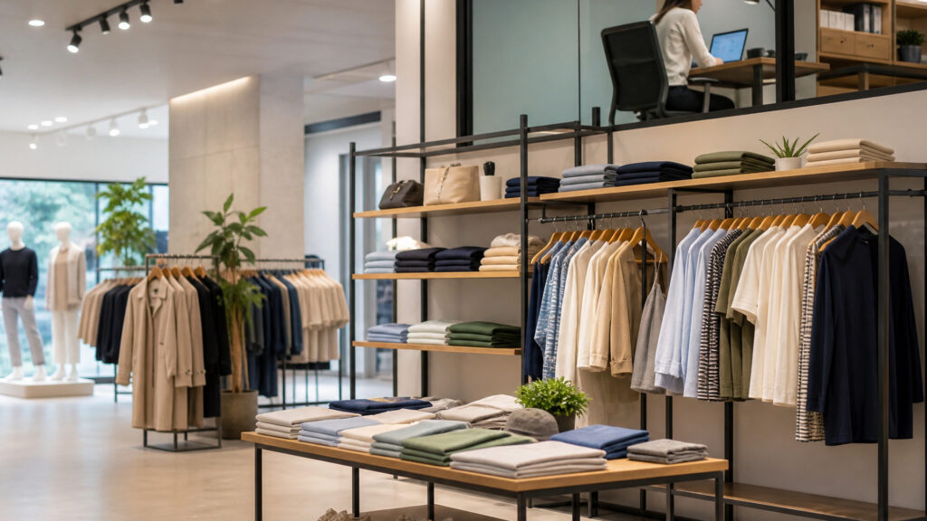 Editorial business scene illustrating clothing store fixtures and cloud accounting software