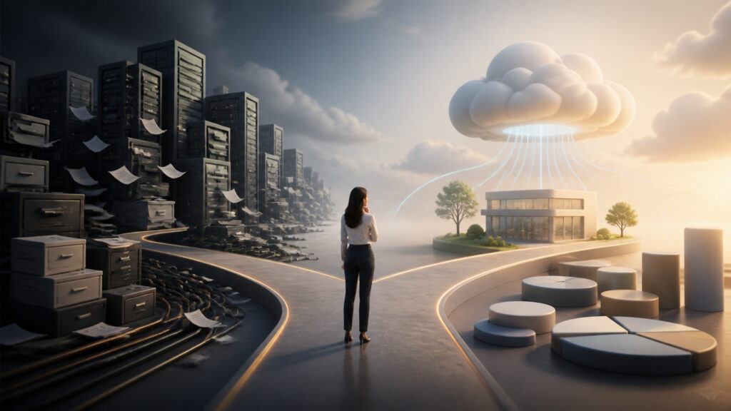Editorial business scene illustrating cloud accounting software and enterprise accounting software