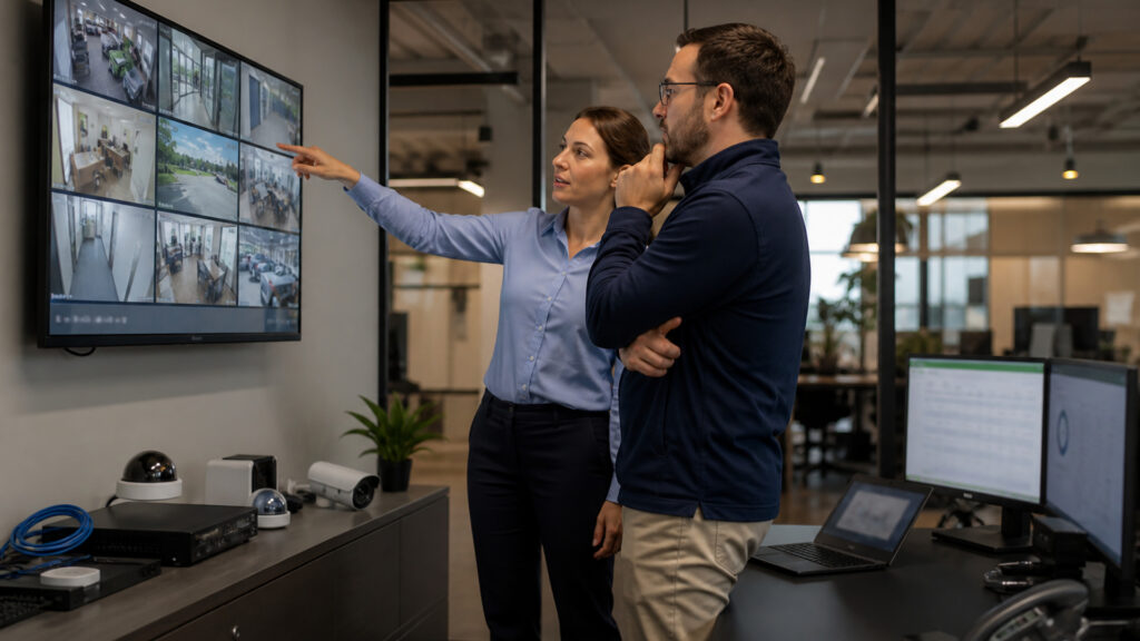 Editorial business scene illustrating cloud video surveillance systems and cloud accounting software
