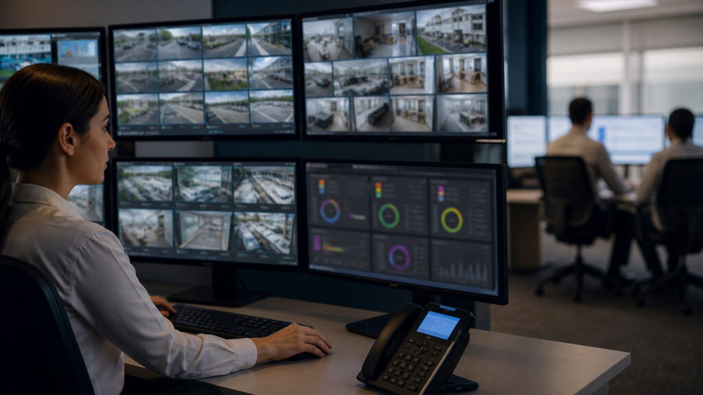 Editorial business scene illustrating cloud video surveillance systems and enterprise accounting software