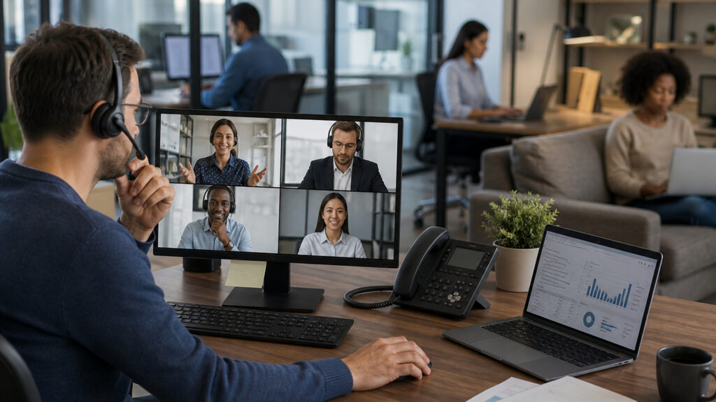 Editorial business scene illustrating cloud voip systems and cloud accounting software
