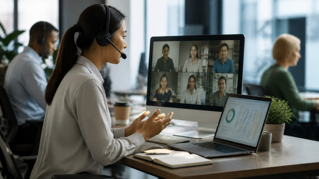 Editorial business scene illustrating cloud voip systems and enterprise accounting software