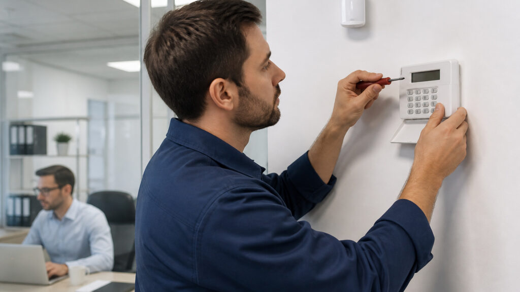 Editorial business scene illustrating commercial alarm systems and cloud accounting software