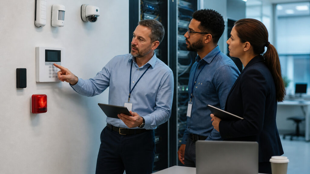 Editorial business scene illustrating commercial alarm systems and enterprise accounting software