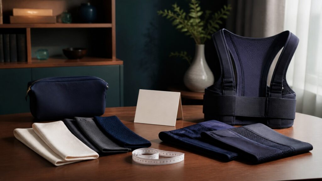 People-free editorial still life illustrating graduated garment pressure versus trunk alignment
