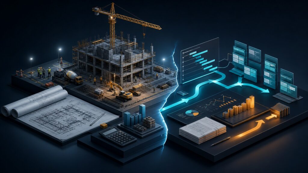 Editorial business scene illustrating construction project management software and agile project management software