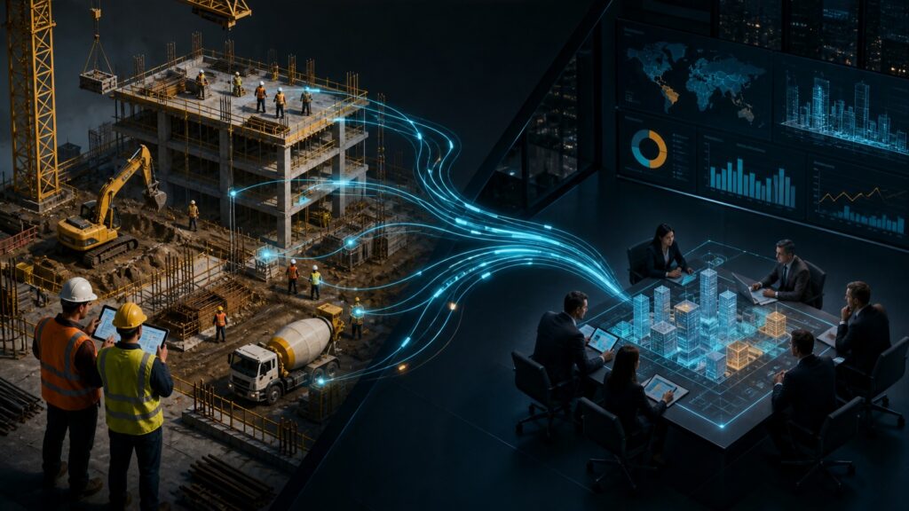 Editorial business scene illustrating construction project management software and enterprise project management software