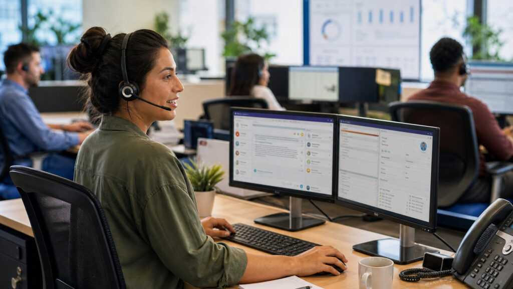 Editorial business scene illustrating contact center platforms and cloud accounting software
