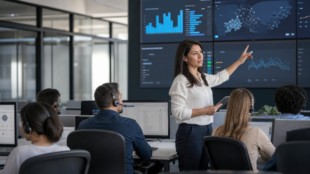 Editorial business scene illustrating contact center platforms and enterprise accounting software