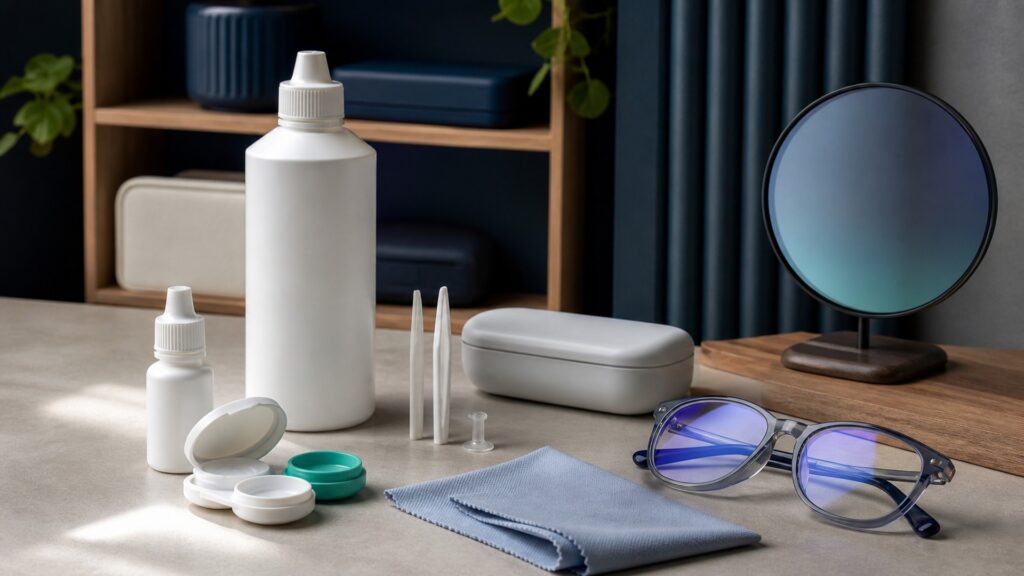 People-free editorial still life illustrating lens cleaning disinfection and storage versus optional visible-light filtering