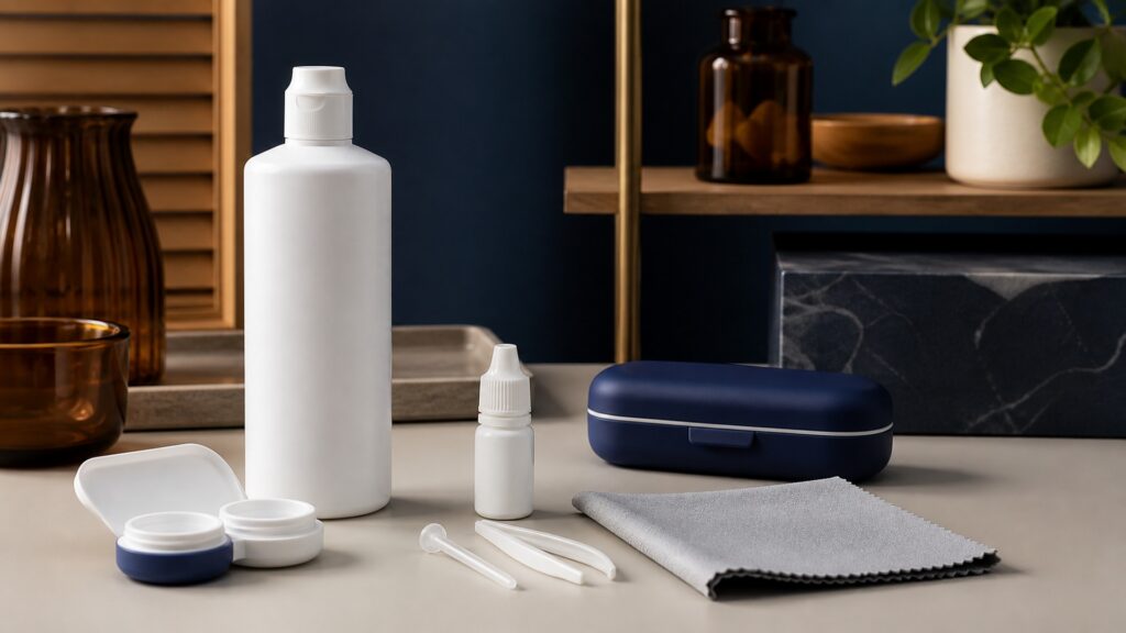 People-free editorial still life illustrating lens-care hygiene tools versus device-specific measurement or treatment support