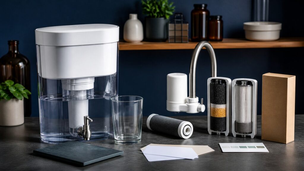 People-free editorial still life illustrating cold-water point-of-use treatment contrasted with hot high-flow fixture filtration