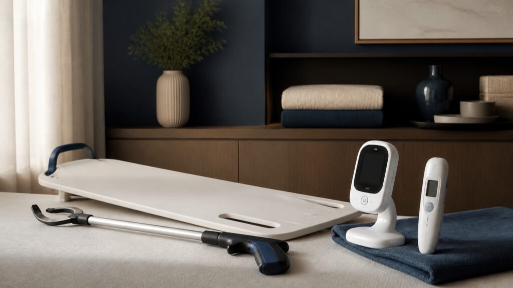 People-free editorial still life illustrating general assistance aids versus infant-specific devices
