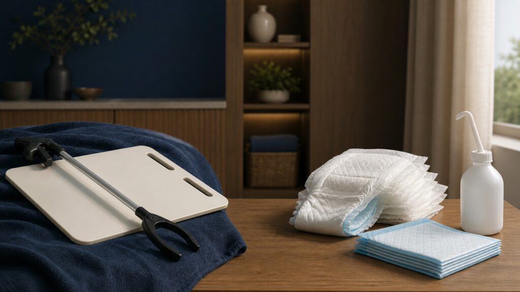 People-free editorial still life illustrating task assistance versus continence care systems
