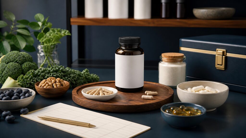 People-free editorial still life illustrating general nutrient-gap coverage rather than mood-targeted formulas