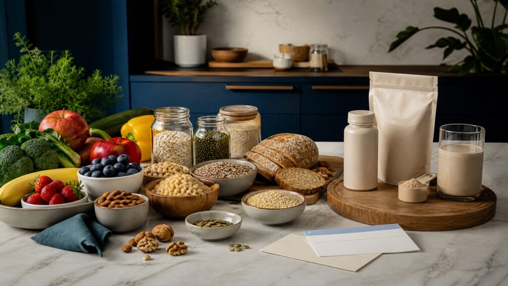 People-free editorial still life illustrating varied meals versus packaged substitution