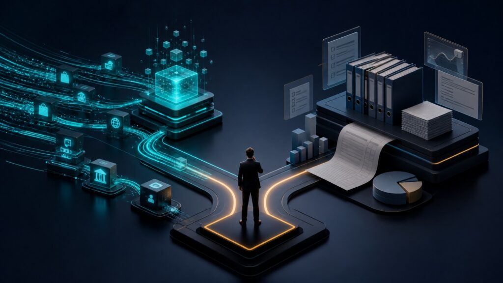 Editorial business scene illustrating digital payment platforms and cloud accounting software