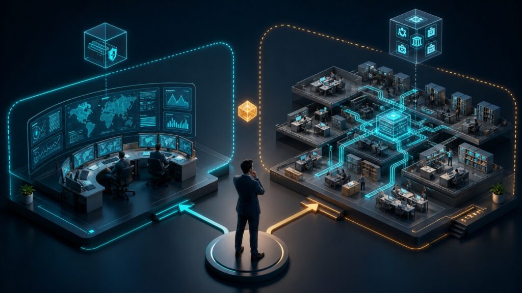 Editorial business scene illustrating digital payment platforms and enterprise accounting software