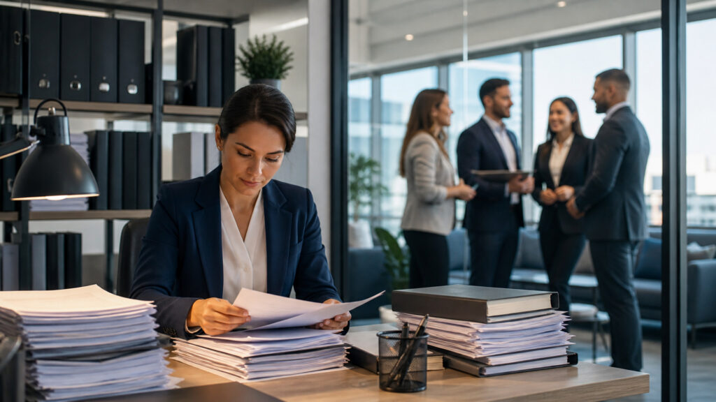 Editorial business scene illustrating document management software and (crm) software