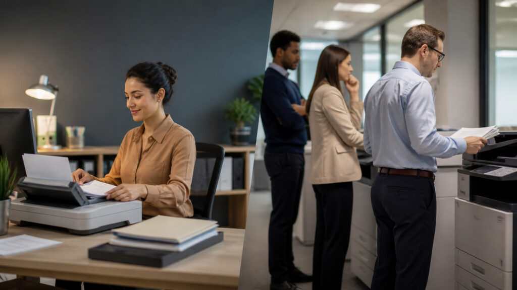 Editorial business scene illustrating document scanners and office machines