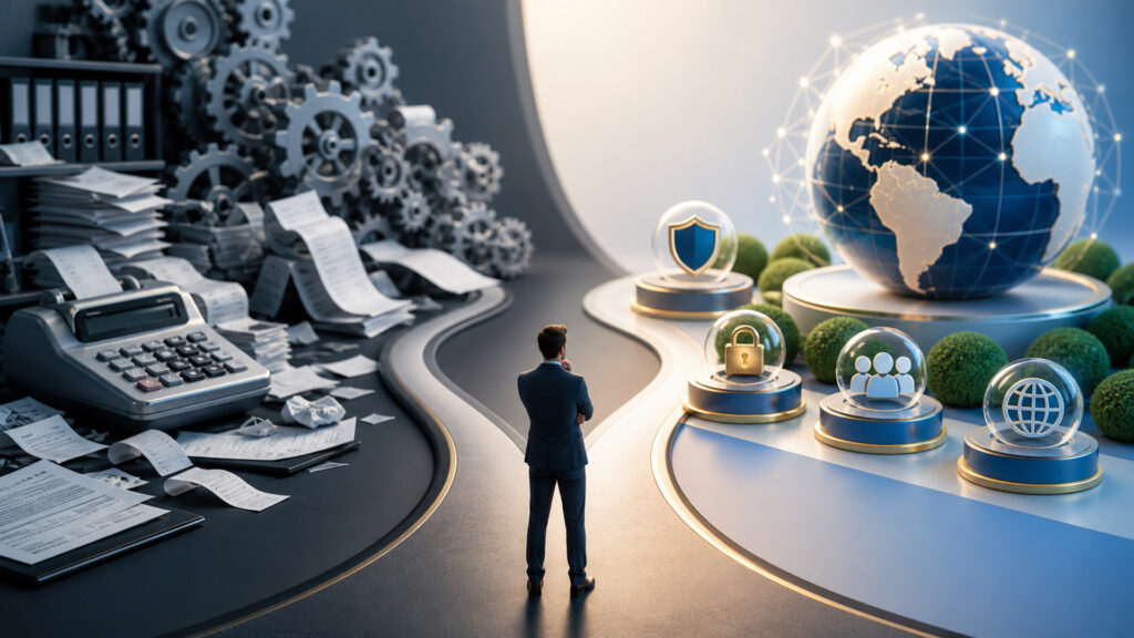 Editorial business scene illustrating domain services and accounting software