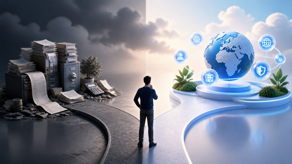 Editorial business scene illustrating domain services and bookkeeping software