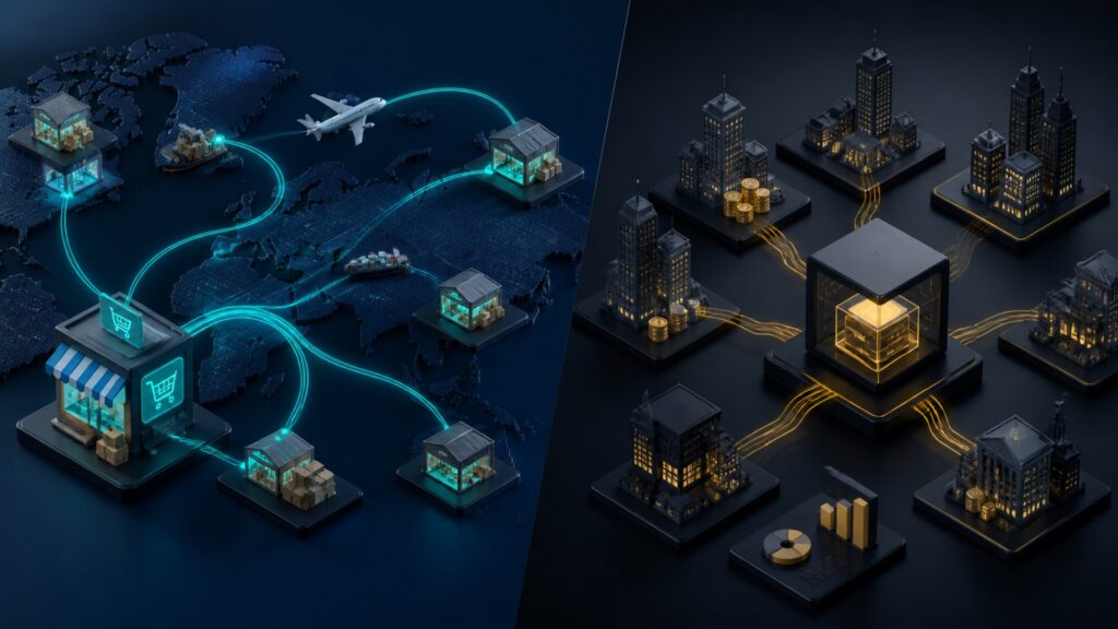 Editorial business scene illustrating dropshipping platforms and enterprise accounting software
