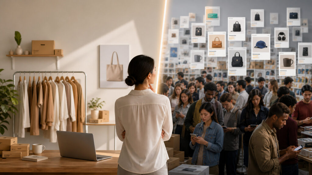 Editorial business scene illustrating ecommerce platforms and marketplace selling