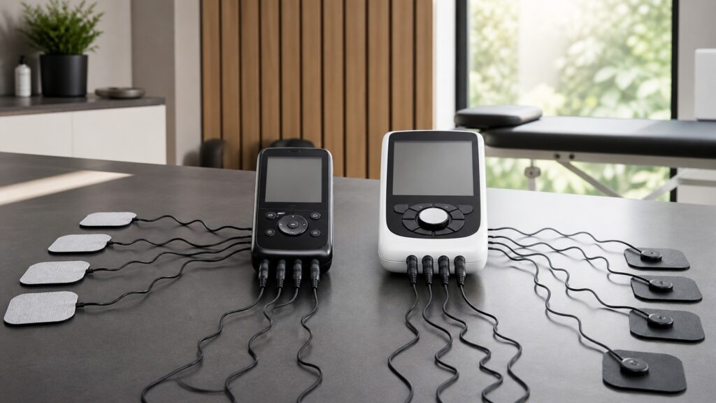 People-free editorial still life illustrating electrical muscle stimulation instead of tens therapy