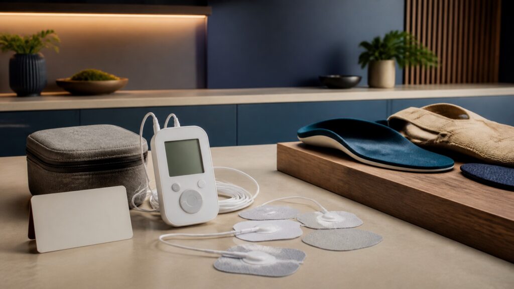 People-free editorial still life illustrating pulse-based modality versus regional support product