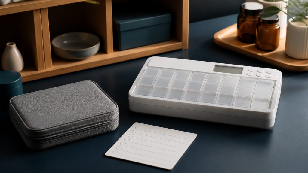 People-free editorial still life illustrating medicine storage plus prompts contrasted with alert-only scheduling
