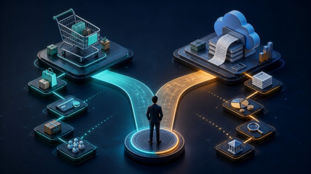 Editorial business scene illustrating embedded shopping cart tools and cloud accounting software