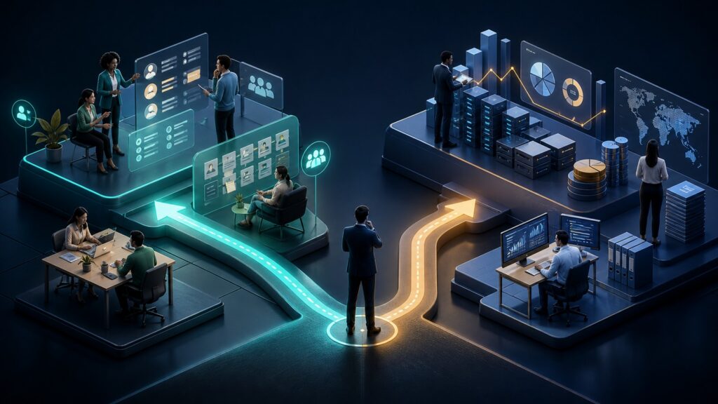 Editorial business scene illustrating employee management software and enterprise accounting software