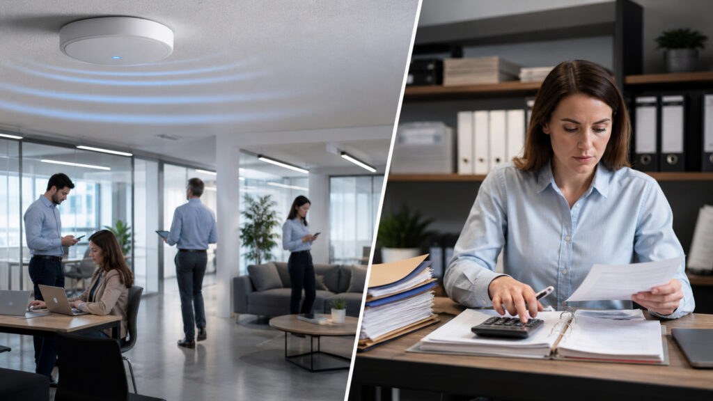 Editorial business scene illustrating enterprise wifi systems and bookkeeping software