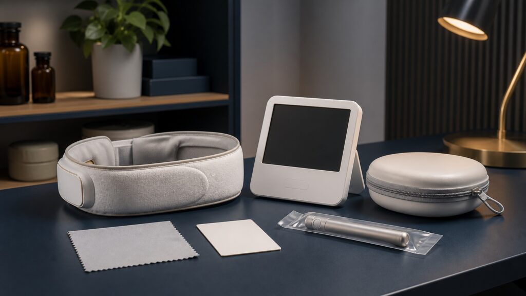 People-free editorial still life illustrating device-specific testing or care versus optional short-wavelength filtering