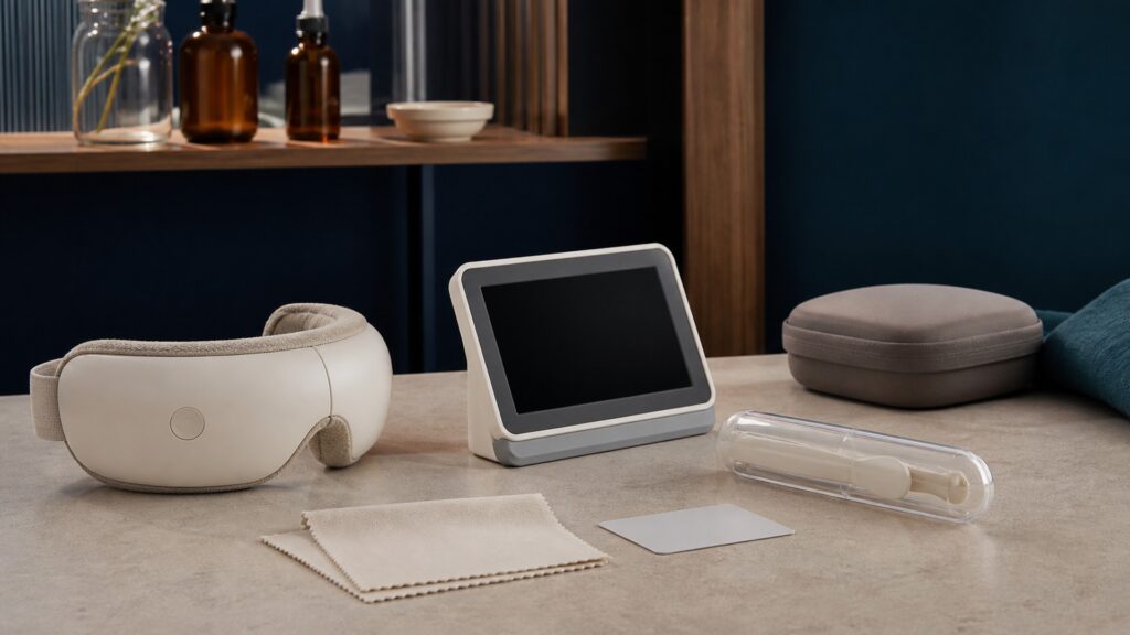 People-free editorial still life illustrating measurement or treatment devices versus lens hygiene and storage tools