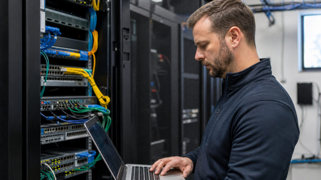 Editorial business scene illustrating fiber business internet and cloud accounting software
