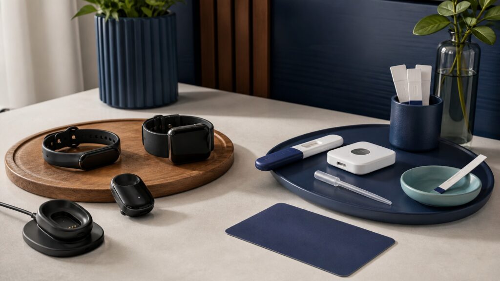 People-free editorial still life illustrating wearable wellness pattern versus reproductive test