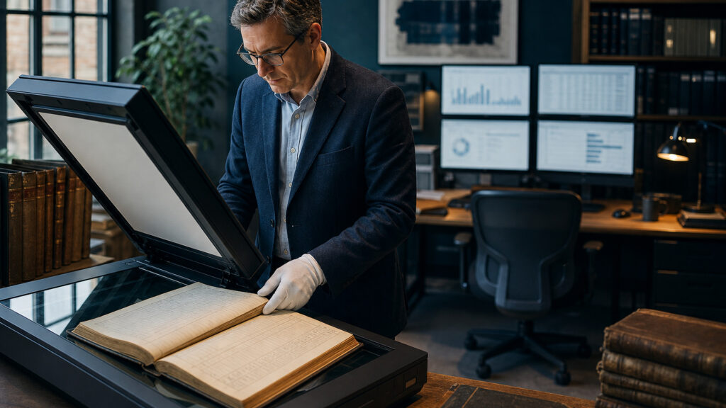 Editorial business scene illustrating flatbed document scanners and enterprise accounting software